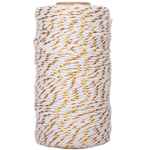 G2PLUS 100M Ficelle Corde Blanc Coton avec Fil d'or,2mm Ficelle Noel Ficelle Bakers Twine combinée Or - Emballage de Cadeaux pour Décoration, Loisirs Créatifs,Noël