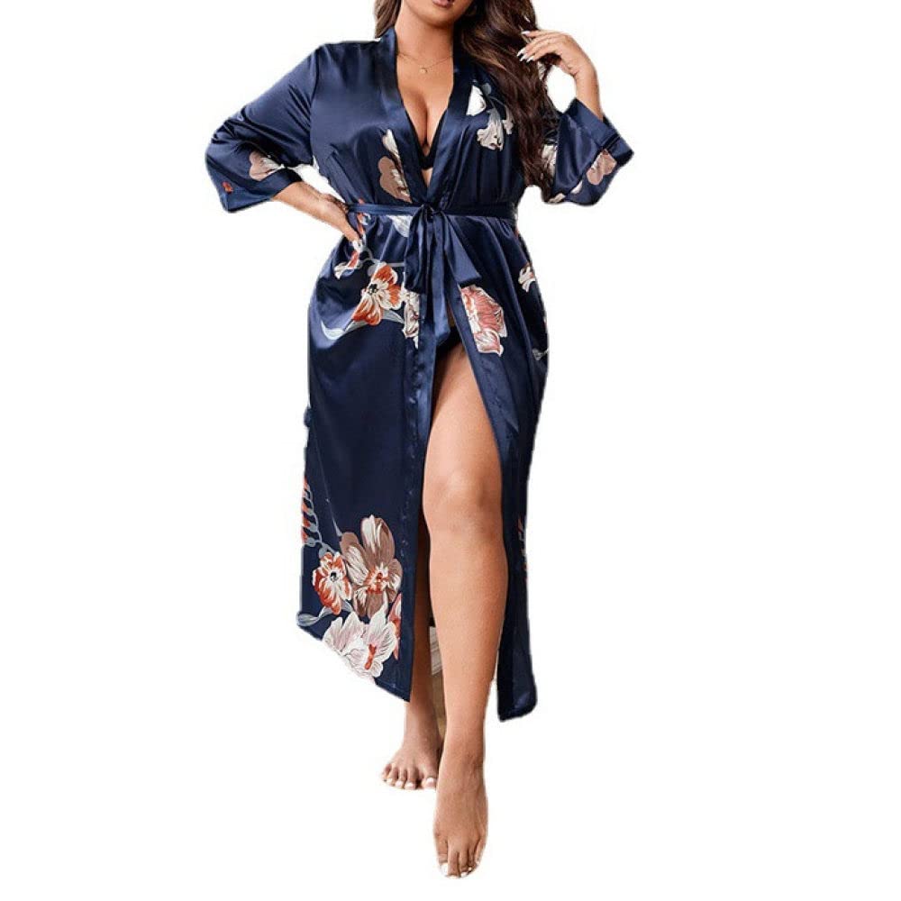 Accappatoio Donna,Vestaglia Da Donna In Raso Sexy Taglie Forti Blu Navy  Stampa Floreale Scollo A V Lungo Kimono Accappatoio Cardigan Leggero  Accappatoio Da Notte Per Donna Pigiama Festa Di Nozze,Xl : Amazon.it: