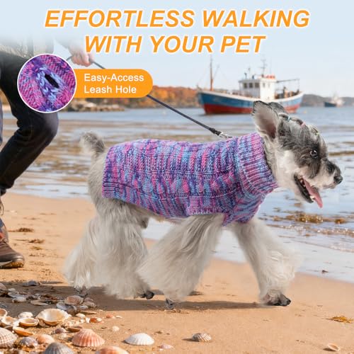 Image of BEAUTYZOO Dog Sweater for Small Medium Dogs, Knit Clothes with Harness Hole | Turtleneck Pullover Fall Winter Knitwear, Fuzzy Fleece Cold Weather Coat for Girl Boy Puppy, Warm Pet Sweatshirt, Purple SM T