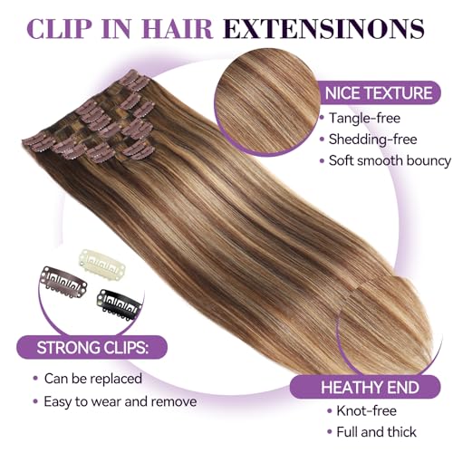 Image of Clip in Hair Extensions Real Human Hair 20 inch 105g /3.7oz Straight Seamless Invisible Human hair Extensions Clip ins for Women Double Weft 8pcs Chocolate Brown to Honey Blonde