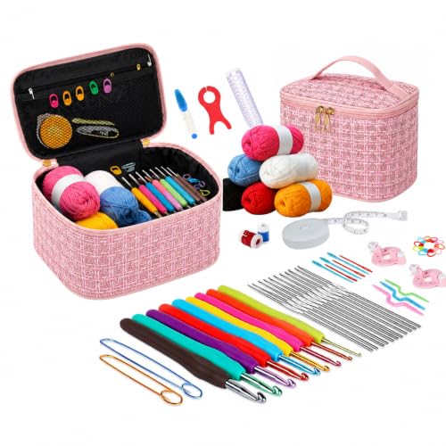 Image of KRENZ 59 Pcs Crochet Kit Set For Beginner Adults Kids Starter Kit Crochet Needles Set Crochet Kit Include 6 Yarn Crochet Hooks Stitch Markers Storage Bag All In One Crochet Hook Set With Crochet Yarn (Pink Gold Chex)
