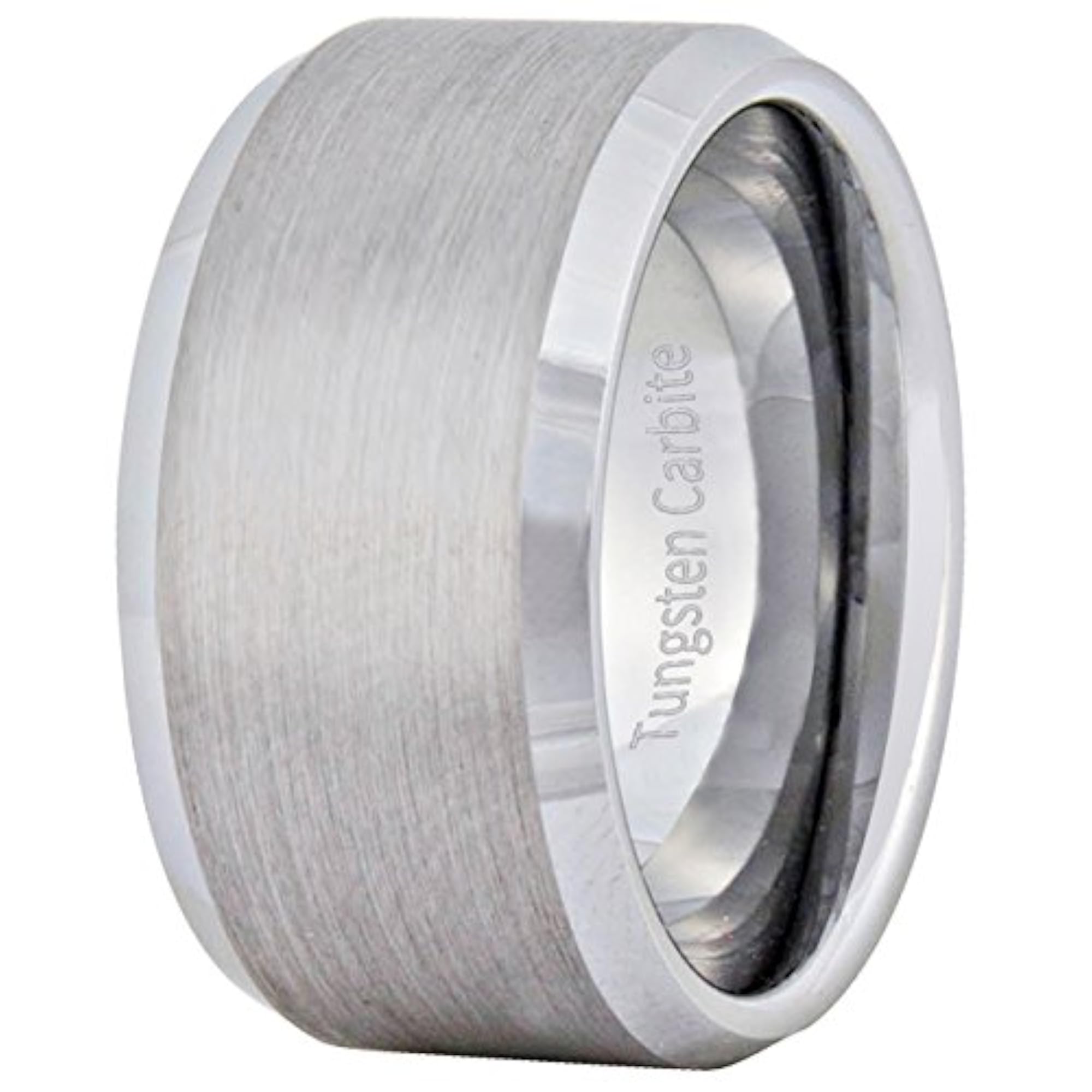 Men's Silver Tungsten Carbide Ring, Matte Finish Beveled Edge