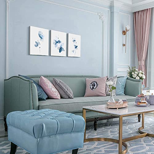 Watercolor Light Blue Flower Wall Art Prints, Navy Botanical Plant Canvas Paintings, Floral Aesthetic Poster Pictures For Bedroom Bathroom Home Room Decor Set Of 3 Framed (8X10) #TOP4