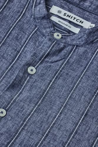 Image of SNITCH Men Casual Shirt | Regular Fit Full Sleeve Mandarin Collar Striped Design | Polyester Cotton Linen Blend & Breathable Fabric for Smart Casual