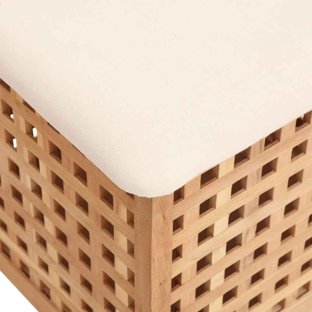 Taburete de baño de madera maciza de nogal con espacio de almacenamiento y cojín, 48 x 47,5 x 52 cm, asiento 2 en 1 y cesta para la ropa sucia con ventilación