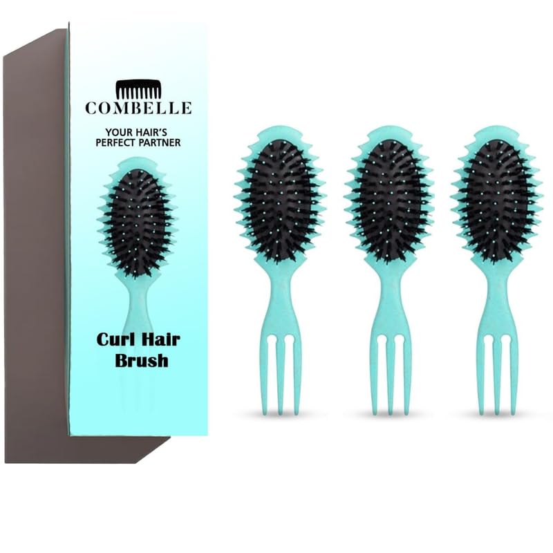 Image of COMBELLE Curl Defining Detangler Brush for Curly Hair - Vegan Fiber & Nylon Bristle Paddle Brush with Comb Handle for Frizz-Free Styling & Scalp Massage - Mint (Pack of 3)