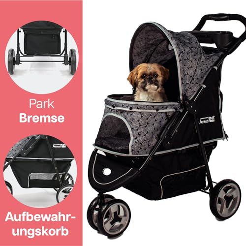 Hundebuggy Katzenbuggy für Reisen Innopet Allure Onyx -stilvoller Katzenbuggy 360° Schwenkrad vorne einhändig faltbar mit Aufbewahrungskorb 2 Sicherheitsleinen pannensichere Räder Haustierwagen