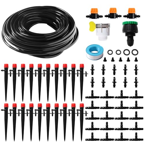 VooGenzek 66 Piezas 4/6 mm Kit de Sistema de Riego por Goteo, 15m Manguera de Riego, Kit de Riego por Goteo Automático, con Juntas de Púas Rectas, Conectores en T, Tapones Extremo, para Jardin