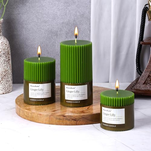 Image of ASIAN AURA Ribbed Pillar Candles - Pack of 3 | Scented Candles for Home Decor, Gifting & Festive Use | Long Burn time up to 36hrs | Clean-Burning Wax & Smokeless Flame (Ginger Lilly)