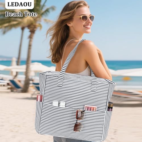 Image of LEDAOU Beach Bag Waterproof Sandproof Women Beach Tote Pool Bag with Zipper for Swim Gym Grocery Travel with Wet Pocket | Sandproof