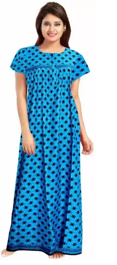 Image of PNAEONG Women's Printed Cotton Nighty, Gown Maxi - Free Size Blue