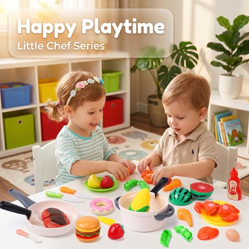 Image of HOLYFUN Play Food Toy Set with Shopping Basket & Cutting Fruits | Includes toy pots, pans, plastic dishes and realistic food pieces for pretend cooking, role play and hands-on learning