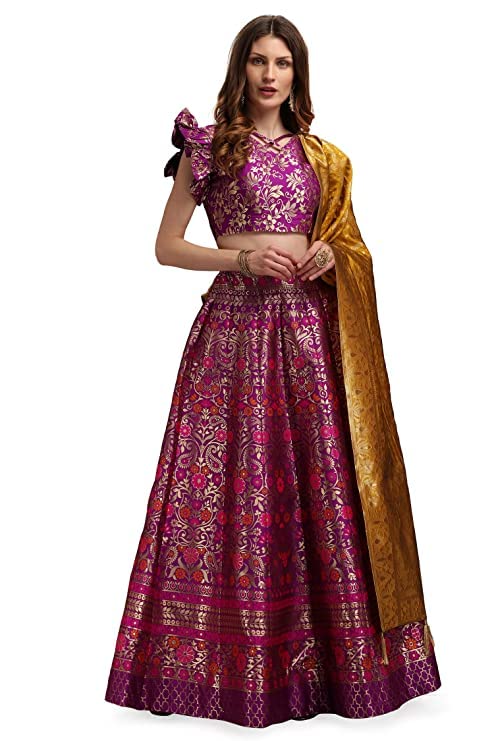 Lehenga Choli & Dupatta Wedding Party Princess fashion dress Jacquard, Free Size (Lehenga:Semi-stitched & Blouse:Un-Stitched), Wine, One Size