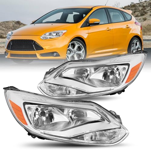 JSBOYAT Headlight Assembly Fit for 2012 to 2014 Ford Focus [Factory Halogen Type] OEM Headlamp Replacement Chrome Housing & Amber Reflector