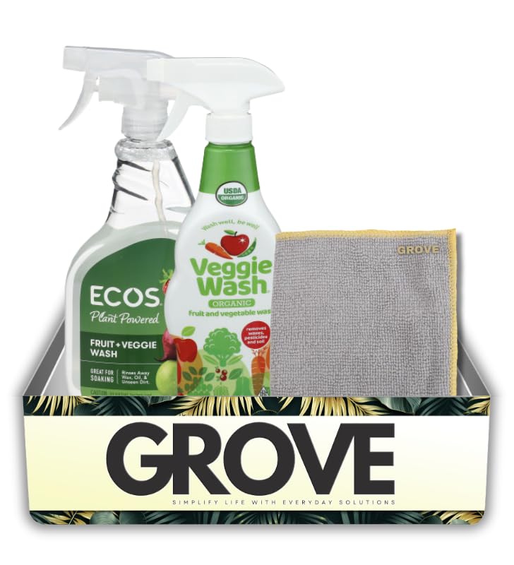 Ecos Fruit and Vegetable Washer 22 fl oz + Veggie Wash Fruit & Vegetable Wash 16 oz Bundle with Microfiber Cloth – Plant-Based Produce Cleaners for Waxes, Dirt & Residue – Gift Set (3 Items)