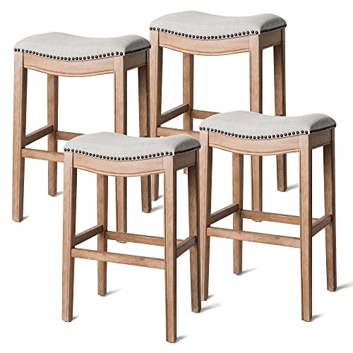 Maven Lane Adrien Backless Saddle Kitchen Bar Stool 31" H, Weathered Oak Finish And Sand Fabric, Nail Head Trim Design, Set Of 4 #TOP23