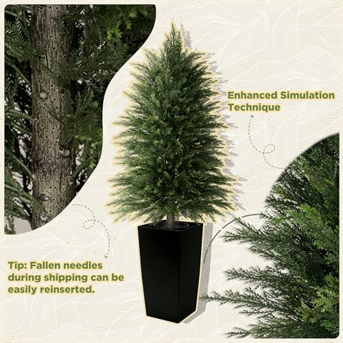 4FT Tall 2 Pack Artificial Cedar Topiary Trees with Full Bushy Columnar Shape, Realistic Faux Cypress in Square Black Pot with Fillable Water Bag, Outdoor Evergreen for Front Porch Garden Home Decor — view 3