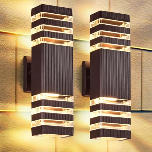 DASTOR Up and Down Outdoor Wall Lights, 3-Layer Brown Modern Outdoor Lights for House, Waterproof Exterior Light Fixture Wall Mount Outdoor Lighting for Porch Garage, 2 Pack