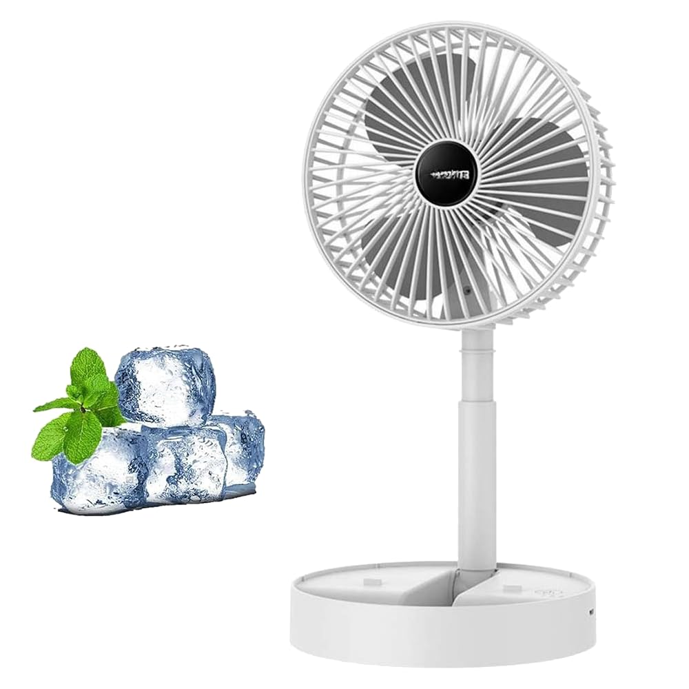 USB Rechargeable Foldable Fan with Adjustable Height, 3-Speed Portable Telescopic Folding Fan, 3-Blade for Home, Office and Travel (white)