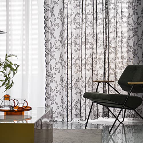 Sutuo Home Black Lace Curtains 63 Inches Length 2 Panels Set, Sheer Shabby Chic Gothic Retro Florals Vintage Voile Window Treatment Pair For Bedroom/Living Room/Halloween Decor Rod Pocket W57 X L63 #TOP3