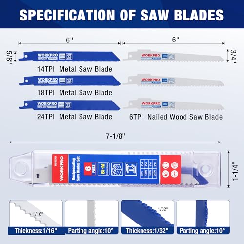 Image of WORKPRO 6-Piece Reciprocating Saw Blade Set, 6 inch BIM Saw Blades for Metal /Wood with Nails Cutting, Organizer Case Included