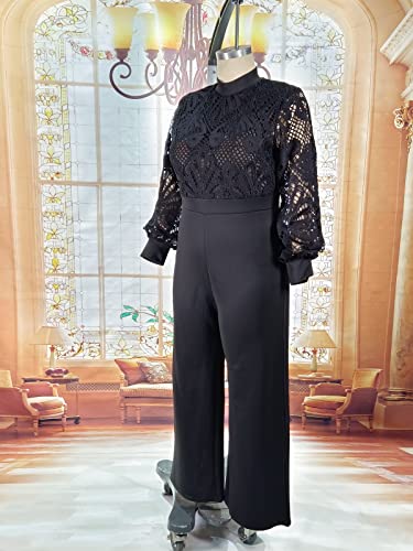 Dasmzper Women's Long Sleeve Lace Jumpsuit Patchwork Outfits Wide Leg Pants One Piece Rompers High Waist Jumpsuits Black #TOP5