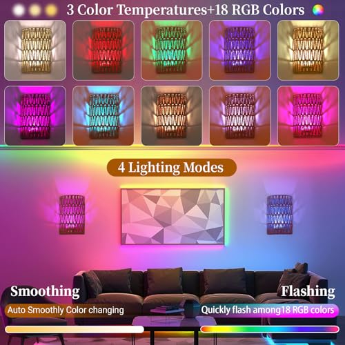 Image of FINCMY Boho Wall Decor Rechargeable Wall Sconce, 18 RGB Colors Dimmable Wireless Wall Lights Battery Operated Wall Sconce for Bedroom Living Room Hallway, Natural Hemp Rope Boho Decor