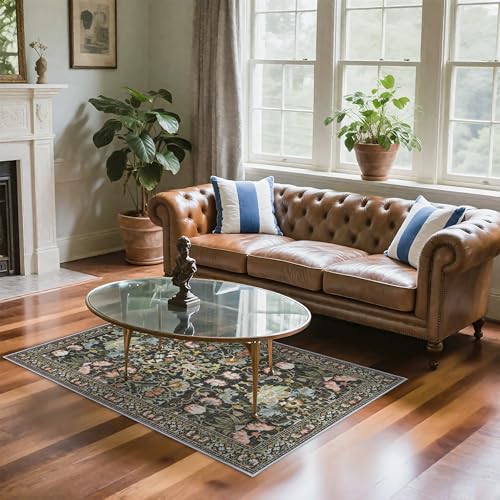 3x5 Living Room Area Rugs: Vintage Washable Non-Slip Rug for Bedroom Dining Room Soft Carpet for Nursery Kitchen Home Office Durable & Easy-Clean Design Perfect for Homes with Cats & Dogs(3x5,Green)