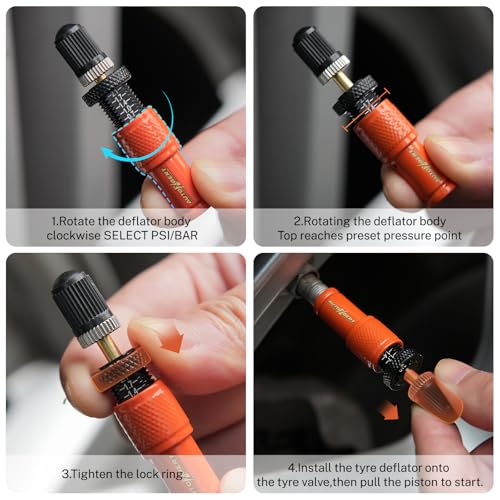 Image of Adjustable Auto-Stop (10-30 PSI) Tire Air Down Deflator Valve Kit,Includes Valve Caps & Storage Bag,4-in-1 Valve Tool Compatible with Car, Truck, Jeep, SUV, ATV(Orange)