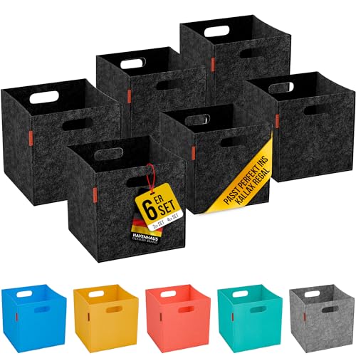 HAVENHAUS Filzkorb Aufbewahrung 6er Set dunkelgrau 30x30x30cm | 6 Boxen...