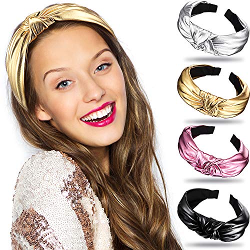 4 Pieces Wide Headbands for Women Fashion Knotted Wide Turban headband Glitter Solid Colors Hairbands Hair Accessories for Girls and Women,4 Colors