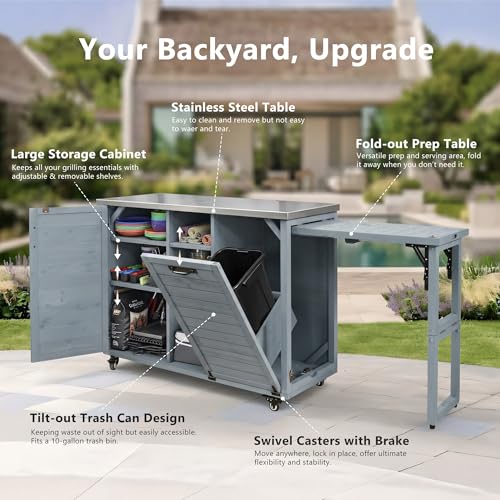 Image of Merax 78.3 inch Outdoor Kitchen Island with Foldable Grill Table, Wooden Outdoor Grill Cart with Trash Can Storage & Stainless Steel Top, Outdoor Bar Cart, Pizza Oven Table for Lawn & Garden, Dark Brown