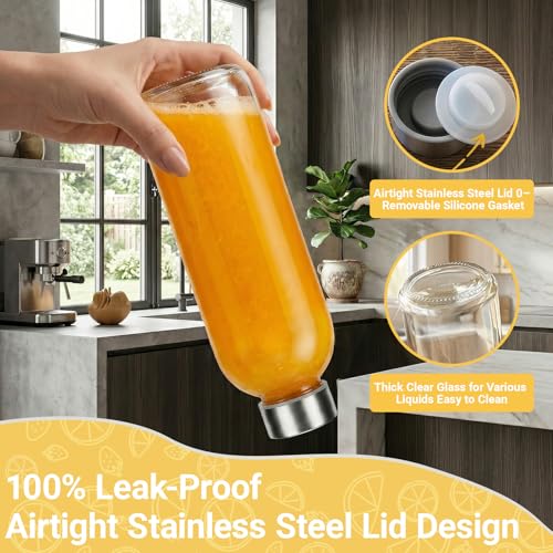 Image of Luxfuel 24 oz Glass Water Bottles with Lids, 6 Pack Reusable Juice Bottle with Stainless Steel Cap & Straw, 100% Leak Proof, BPA Free, Clear Glass Bottles for Juicing, Milk, Smoothies, Fridge Storage