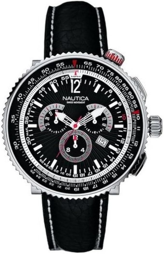 Nautica a37501g Gents gebürstet und poliert Titan Fall/schwarz  Zifferblatt/Chronograph-Uhrwerk/schwarz Lederband : Amazon.de: Watches