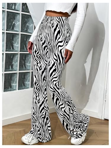 SOLY HUX Women's Zebra Striped Flare Leg Pants Elastic High Waisted Casual Long Pants Trousers4