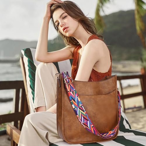 Image of HKCLUF Crossbody Bag for Women Vegan Leather Hobo Handbags Guitar Strap Purse Shoulder Bucket Bag with 2PCS Adjustable Straps
