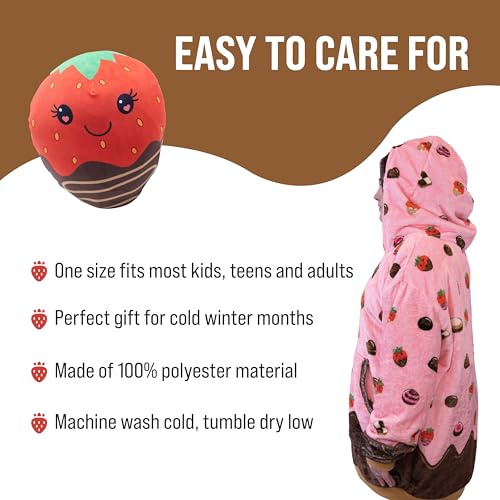 Image of Wearable Blanket Hoodie - Chocolate Strawberry 2-in-1 Oversized Hooded Wearable Blanket for Adults & Teens - Plush Transforming Blanket Pillow with Giant Pocket - Cozy Hoodie For Gifting