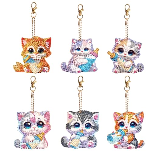 6Pcs Chat Diamant Art Peinture Portes-Clés 5D Bricolage Double Face Animal Mosaïque Diamant Porte-clés Pendentif Bouteille Cat Diamant Strass Peinture Porte-Clés...