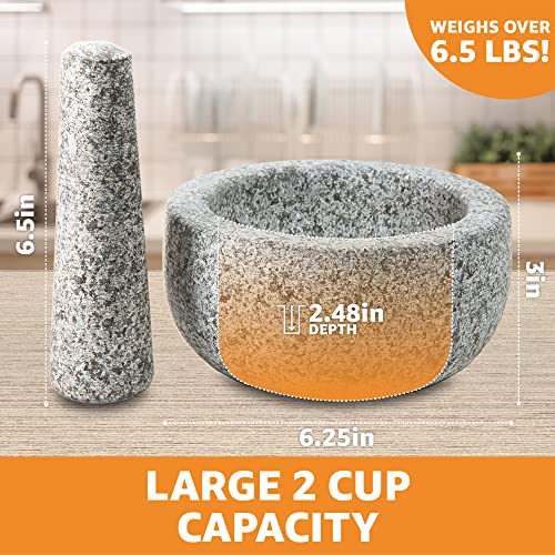 Heavy Duty Large Mortar And Pestle Set, Hand Carved From Natural Granite, Make Fresh Guacamole, Salsa, Pesto, Stone Grinder Bowl, Herb Crusher, Spice Grinder, 6.3" Wide, 2 Cup, Grey #TOP2