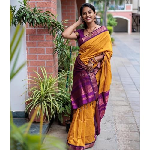 Image of DHIHA Gadwal Cotton Saree for Women | Pure Kalyani Cotton Saree with Zari Border Tassels & Blouse | Kanjivaram Linen Silk | Handloom Weave