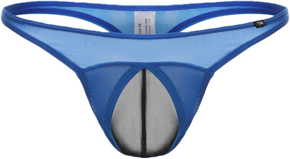 Men’s Mesh Pouch Thong Underwear, High Elastic Patchwork G-String T-Back Lingerie for Men in S-3XL Sizes, 95% Polyamide 5% Spandex, Solid Sheer Breathable Design, Green, Red, Blue or Black