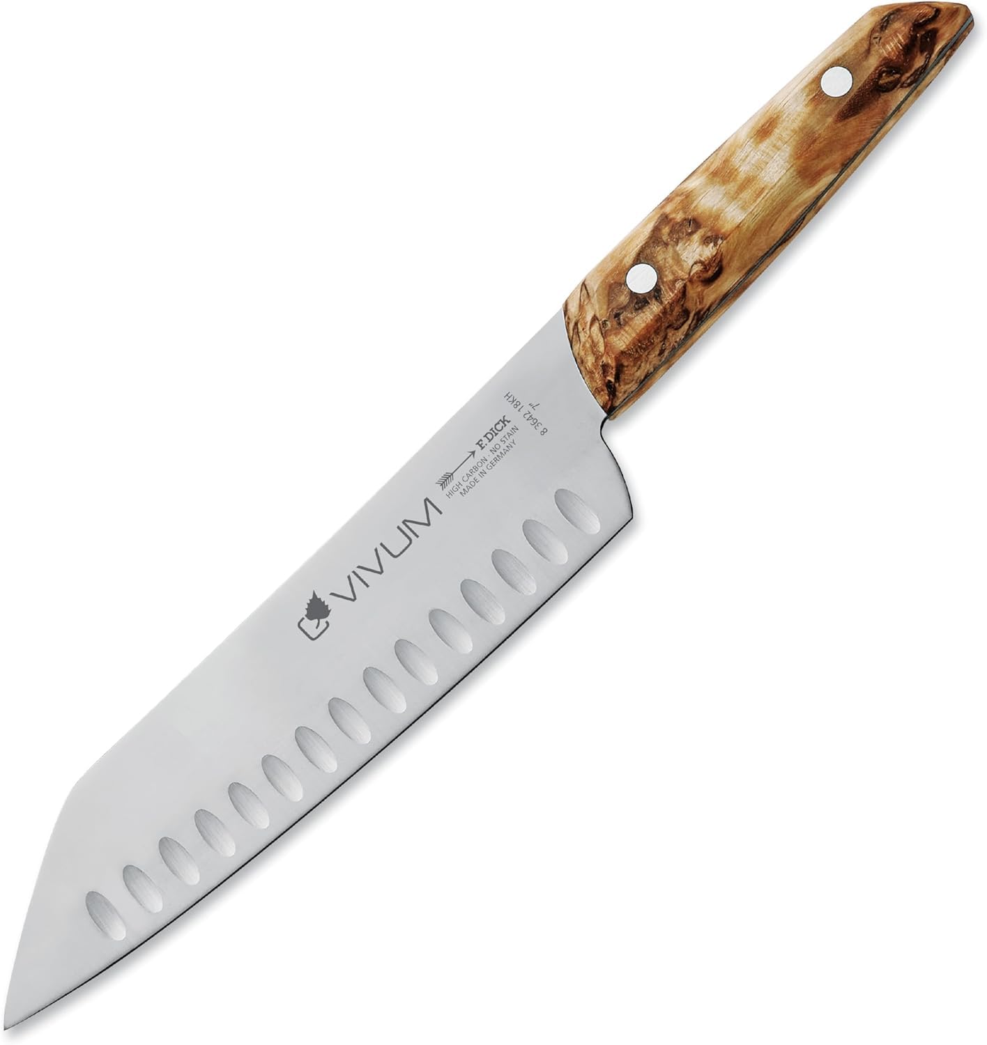 F. DICK Santoku VIVUM 18 cm - rostfrei, Klinge extra scharf, 58 HRC, Kullenschliff Kochmesser Birkenholz Designgriff komfortabel - Spezialstahl Küchenmesser - Profi Messer Made in Germany - 83642182KH