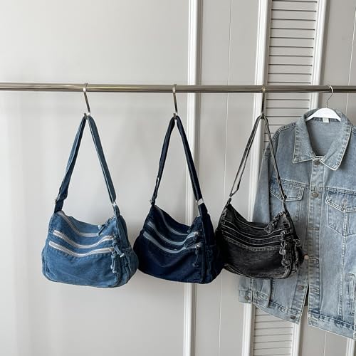 Image of Large Denim Purses for Women Denim Tote Bag Casual Retro Crossbody Lightweight Shoulder Bag Canvas Handbags