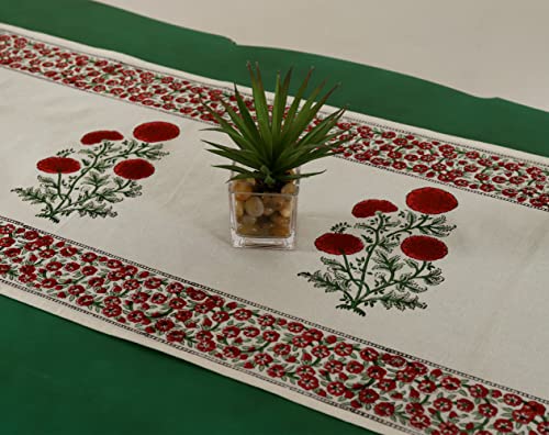 Image of Ravaiyaa - Attitude is everything Cotton Hand Block Printed Table Runner Bed Runner Table Bed Decor (Red Marigold)