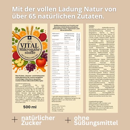 Vital Mikronährstoffkonzentrat für 50 Tage - Multivitamin Formel mit Vitaminen, Mineralstoffen und sekundären Pflanzenstoffen - Getränkekonzentrat mit über 65 Zutaten