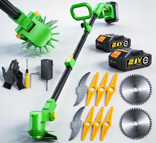 Rasentrimmer mit akku 21V, 3-in-1Motorsense Akku & Rasenkantenschneider, Freischneider mit LED-Akkuanzeige, 90° drehbarer Kopf, Teleskopstiel & 2×2.5Ah Akkus für Rasenpflege und Unkrautbeseitigung