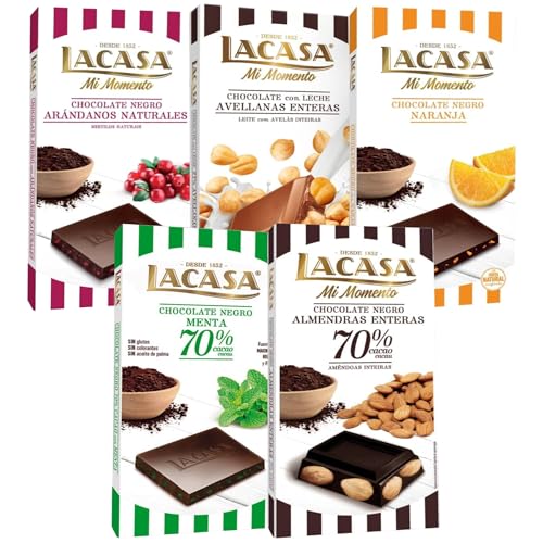 Lacasa pack 5 tabletas de chocolate:leche avellanas, naranja chocolate negro, arándanos, menta y chocolate, almendra 200g