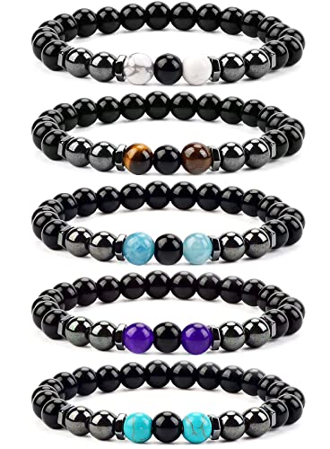 5 Stück Obsidian Armband Anti-Swelling Verstellbares Anti-Swelling Perlen Armband, Runde Kristall Edelstein Schmuck für Männer Frauen Cover