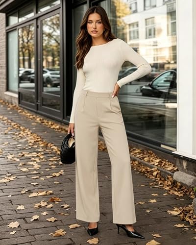 Image of Oyamiki Women's Business Casual High Waisted Dress Pants with Pockets Wide Leg Work Pants Trousers Fashion Fall Outfits