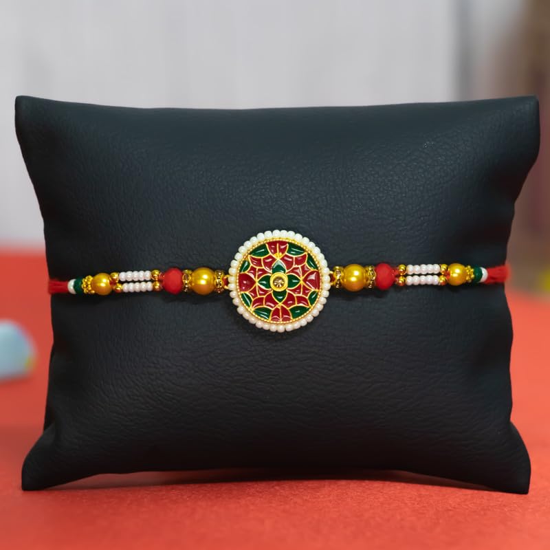 Image of Canton Rakhi With Chocolate Gift Combo, Pack of 3 Designer Rakhii For Brother With Chocolate Gift, Roli & Greeting Card (Design-17, Rakhi With Cadbury)